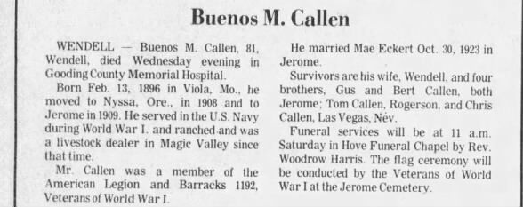 Obituary for Buenos M. Callen (Aged 81)